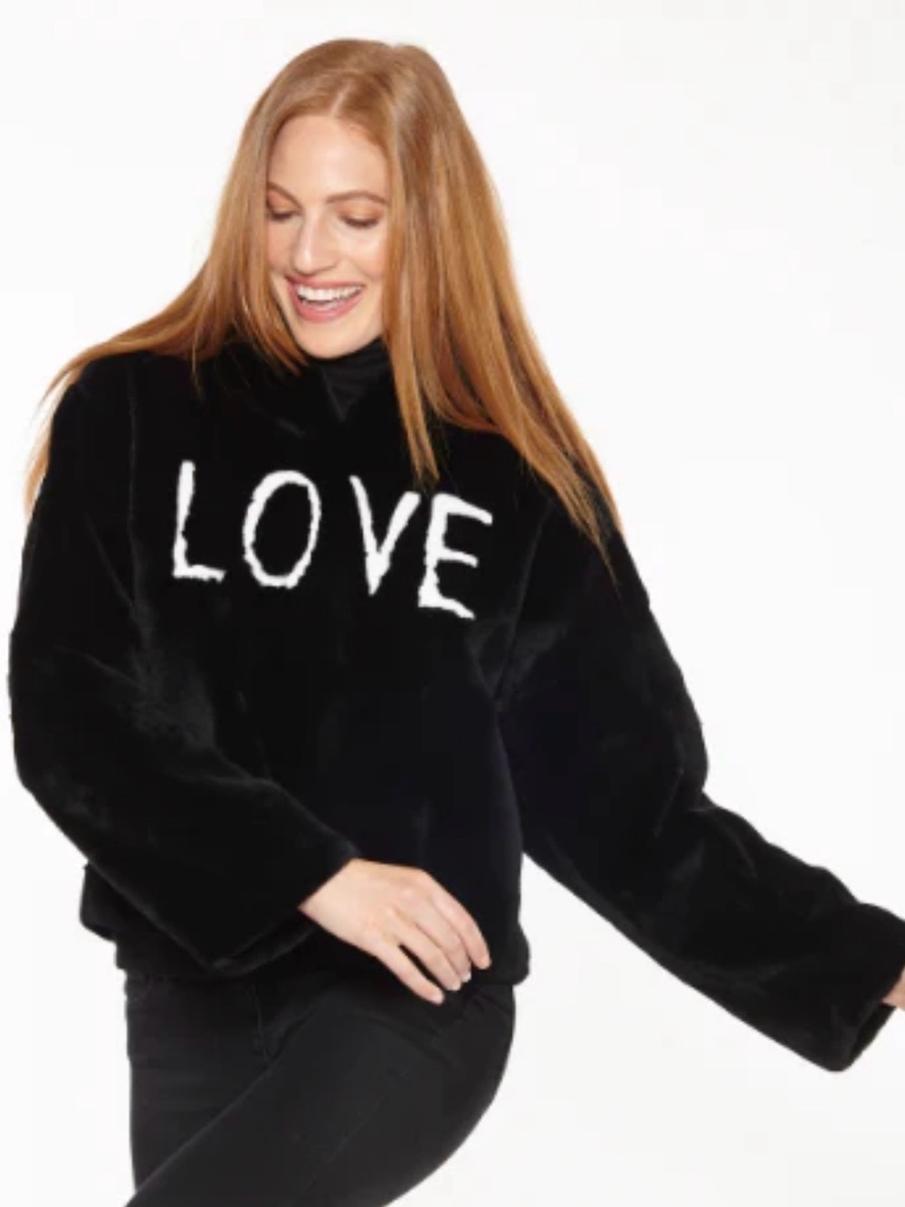 NWOT Womens Linda Richards Luxury Black Rabbit Fur Hoodie "Love" Pullover XS